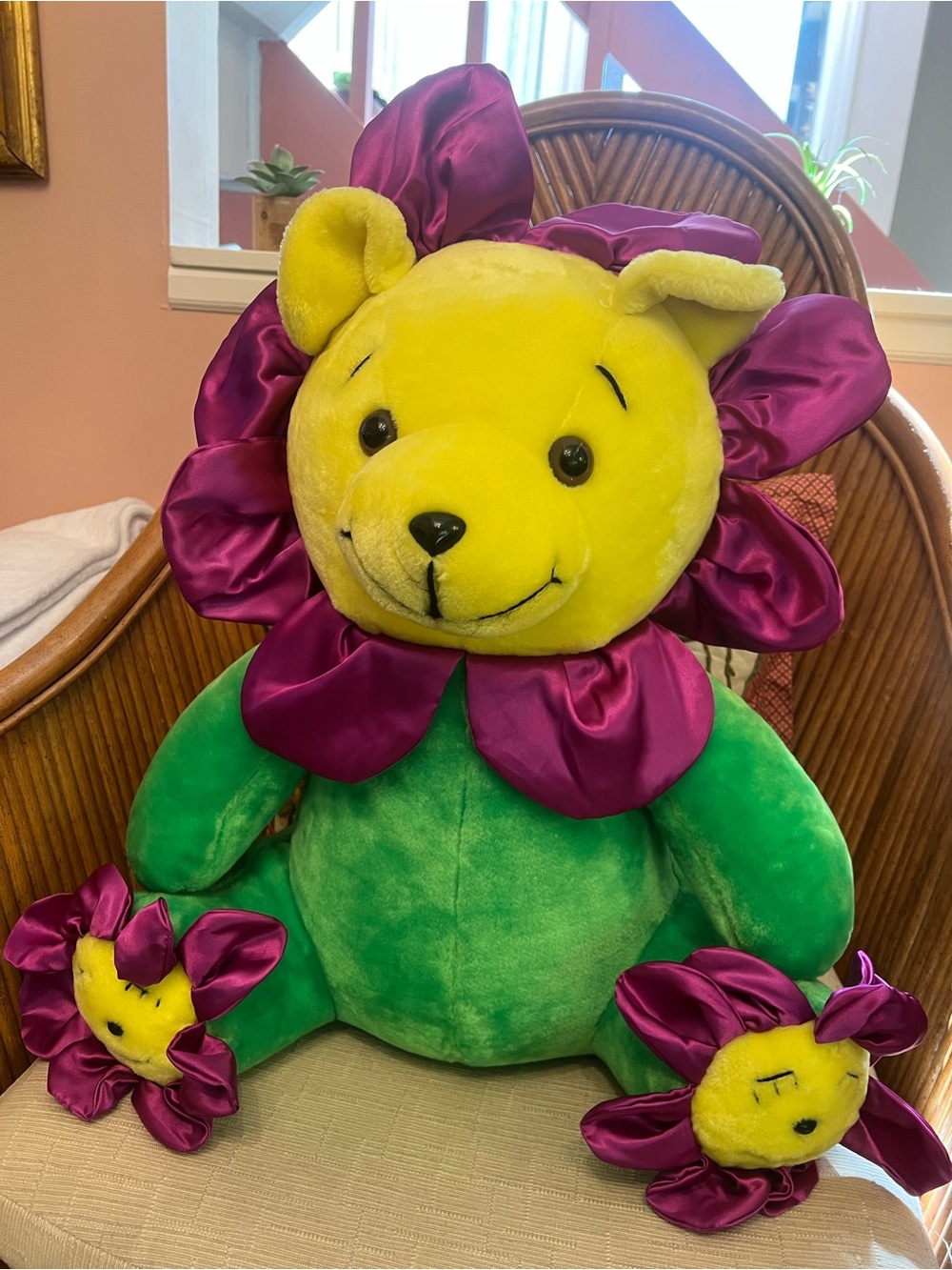 VTG 2000 Nanco Psychedelic Sunflower Bear Plush Jumbo 20” Large Y2K Flower